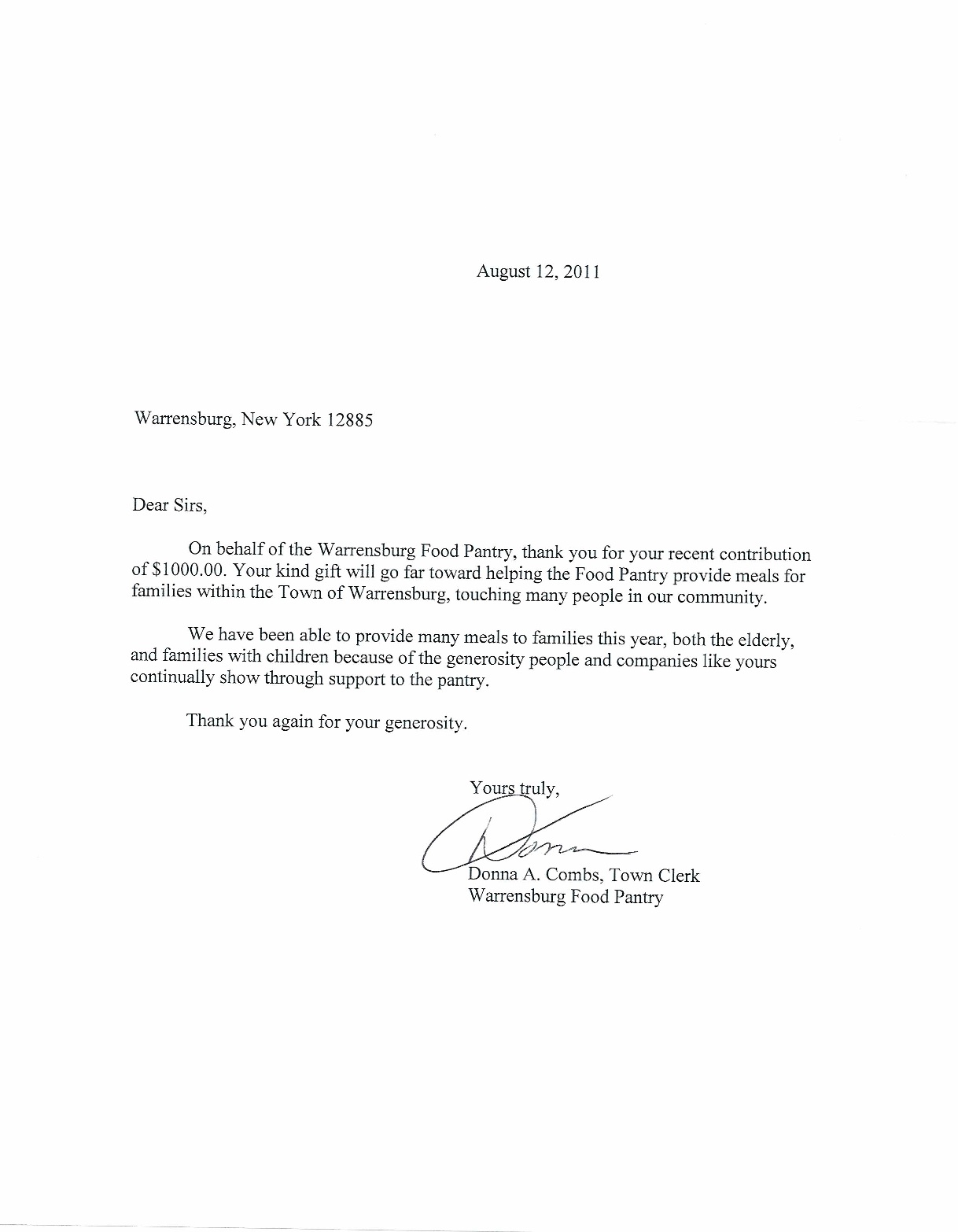 Warrensburg Food Pantry Letter